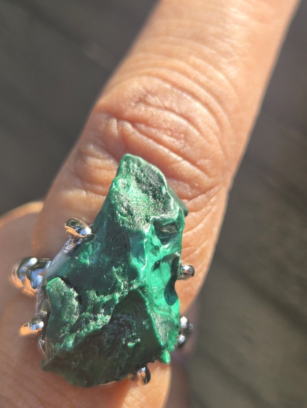 Goblincore Silver Raw Malachite Organic S925 Statement Ring